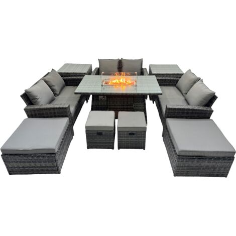 Fimous Outdoor Love Sofa Set 10 Seat Rattan Garden Furniture Set with Gas Firpit Dining Table 4 Footstools 2 Side Table Dark Grey Mixed