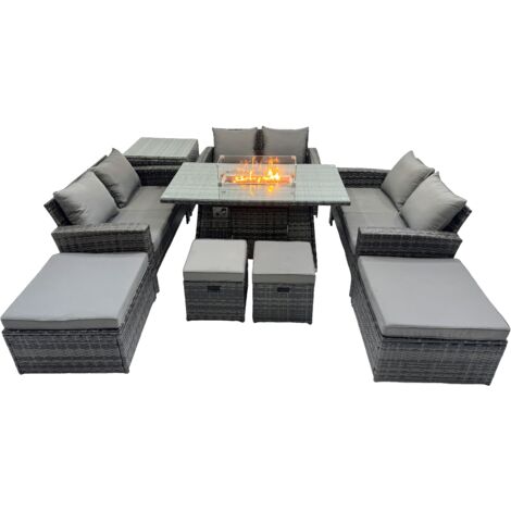Fimous Outdoor Love Sofa Set 10 Seat Rattan Garden Furniture Set with Gas Firpit Dining Table 4 Footstools Side Table Dark Grey Mixed