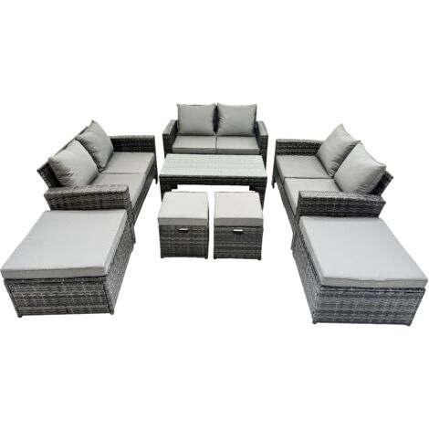 Fimous Outdoor Love Sofa Set 10 Seat Rattan Garden Furniture Set with Oblong Coffee Table 4 Stools Dark Grey Mixed