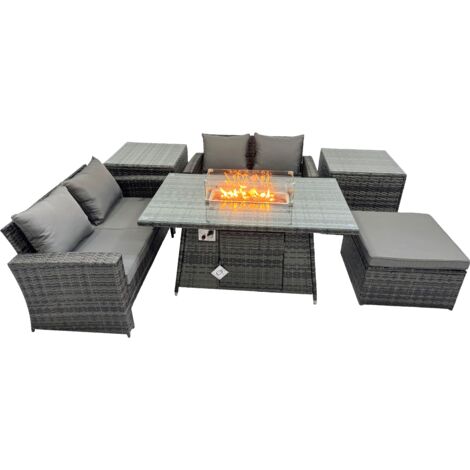 Fimous Outdoor Love Sofa Set 5 Seat Rattan Garden Furniture Set with Gas Firpit Dining Table Big Footstool 2 Side Table Dark Grey Mixed