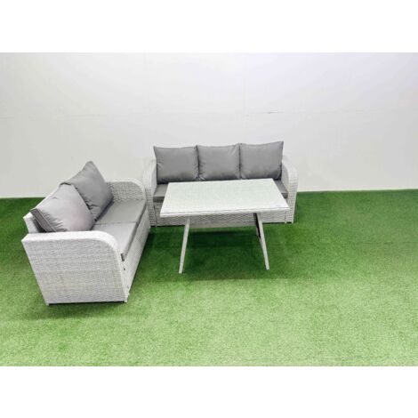 Fimous Outdoor PE Rattan Garden Furniture Set Rectangular Dining Table Sofa Set Light Grey