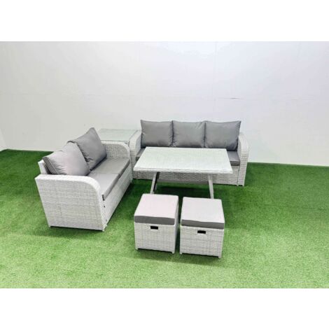 Fimous Outdoor PE Rattan Garden Furniture Set Rectangular Dining Table Sofa Set with 2 Small Stool Side Table Light Grey