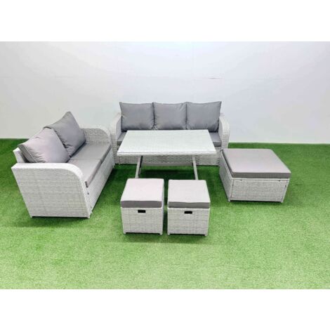 Fimous Outdoor PE Rattan Garden Furniture Set Rectangular Dining Table Sofa Set with 3 Stool Light Grey