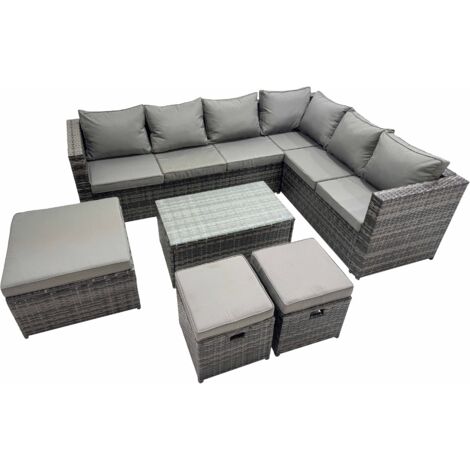 Fimous Outdoor PE Rattan Garden Furniture Sofa Set with Oblong Coffee Table Big Stool 2 Small Stools Dark Grey