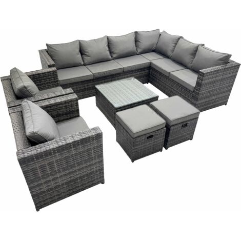 Fimous Outdoor PE Rattan Garden Furniture Sofa Set with Square Coffee Table 2 Small Stools 2 Chair Dark Grey