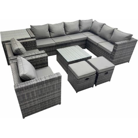 Fimous Outdoor PE Rattan Garden Furniture Sofa Set with Square Coffee Table 2 Small Stools 2 Chair Side Table Dark Grey