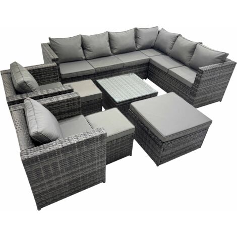 Fimous Outdoor PE Rattan Garden Furniture Sofa Set with Square Coffee Table 3 Stools 2 Chair Dark Grey