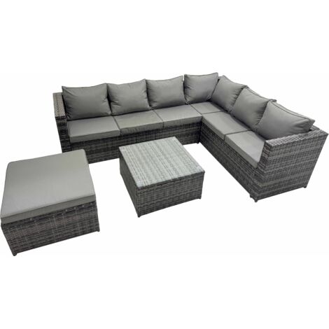 Fimous Outdoor PE Rattan Garden Furniture Sofa Set with Square Coffee Table Big Stool Dark Grey