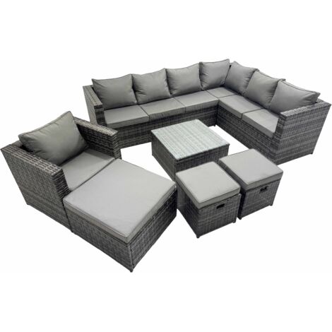 Fimous Outdoor PE Rattan Garden Furniture Sofa Set with Square Coffee Table Chair 3 Stools Dark Grey