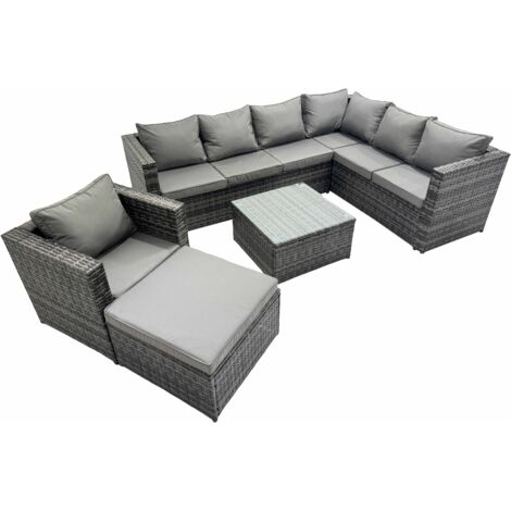 Fimous Outdoor PE Rattan Garden Furniture Sofa Set with Square Coffee Table Chair Big Stool Dark Grey