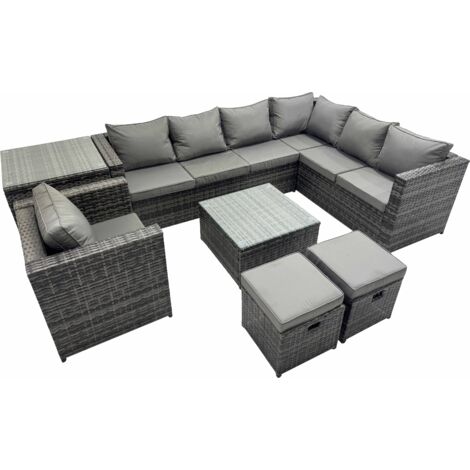 Fimous Outdoor PE Rattan Garden Furniture Sofa Set with Square Coffee Table Chair Side Table 2 Small Stools Dark Grey