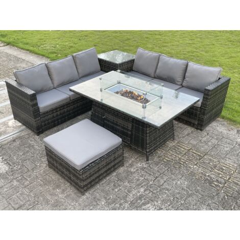 Fimous Outdoor PE Rattan Garten Eck Möbel Gas Feuer Grube Tisch Sets Gas Heizung Lounge Großer Fußhocker Dunkelgrau 7 Sitzer