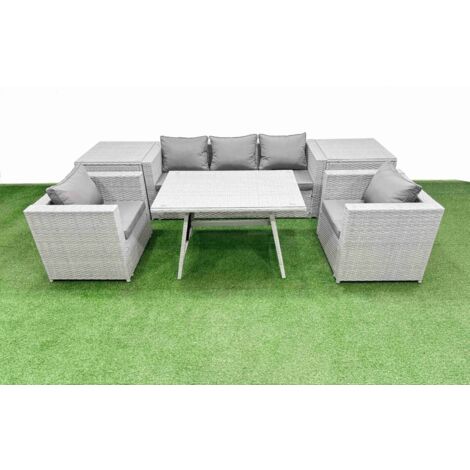 Fimous Outdoor PE Rattan Sofa Armchair Set Patio Garden Furniture Sets with Cushions 2 Side Tables Light Grey 7 Pieces
