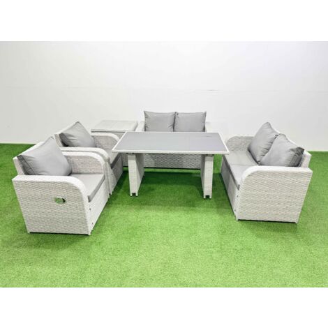 Fimous Outdoor PE Rattan Sofa Reclining Chair Set Patio Garden Furniture Sets with Cushions Side Table Light Grey 6 Pieces