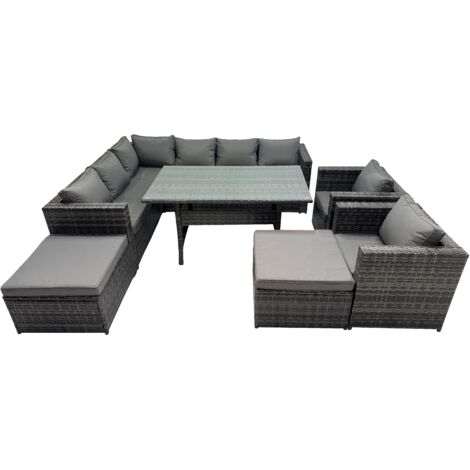 Fimous Outdoor PE Rattan Sofa Set with Dining Table Patio Garden Furniture Sets with 2 Big Stool Dark Grey Mixed