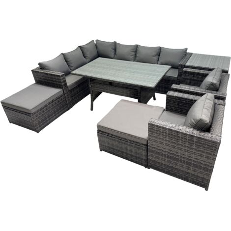 Fimous Outdoor PE Rattan Sofa Set with Dining Table Patio Garden Furniture Sets with 2 Big Stool Side Table Dark Grey Mixed
