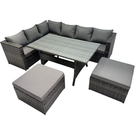 Fimous Outdoor PE Rattan Sofa Set with Dining Table Patio Garden Furniture Sets with 2 Big Stools Dark Grey Mixed