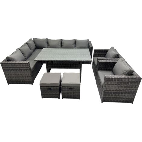 Fimous Outdoor PE Rattan Sofa Set with Dining Table Patio Garden Furniture Sets with 2 Chairs 2 Small Stools Dark Grey Mixed