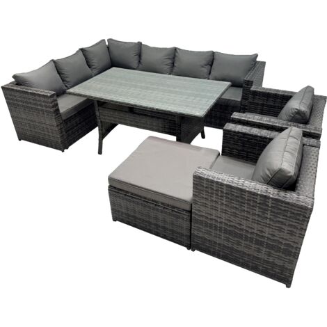 Fimous Outdoor PE Rattan Sofa Set with Dining Table Patio Garden Furniture Sets with 2 Chairs Big Stool Dark Grey Mixed