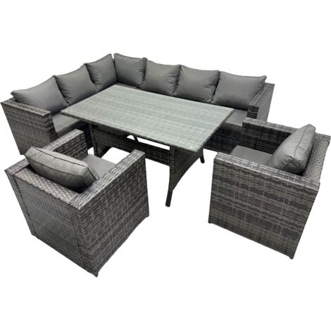 Fimous Outdoor PE Rattan Sofa Set with Dining Table Patio Garden Furniture Sets with 2 Chairs Dark Grey Mixed