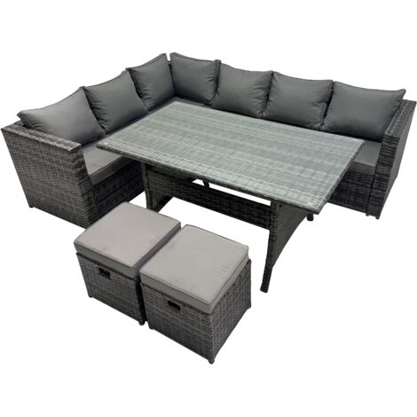 Fimous Outdoor PE Rattan Sofa Set with Dining Table Patio Garden Furniture Sets with 2 Small Stools Dark Grey Mixed