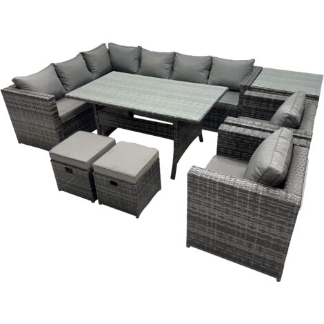 Fimous Outdoor PE Rattan Sofa Set with Dining Table Patio Garden Furniture Sets with 2 Small Stools Side Table Dark Grey Mixed