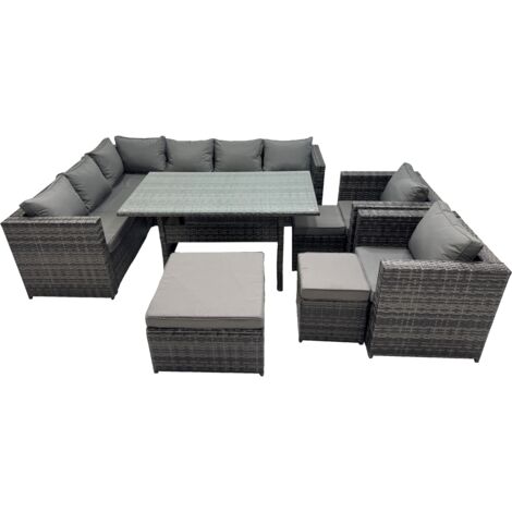 Fimous Outdoor PE Rattan Sofa Set with Dining Table Patio Garden Furniture Sets with 3 Stool Dark Grey Mixed
