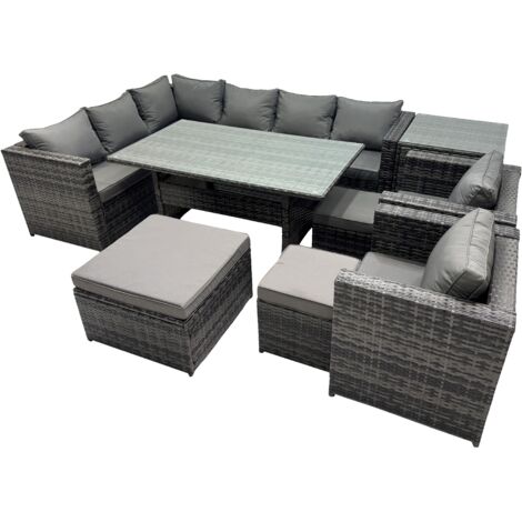 Fimous Outdoor PE Rattan Sofa Set with Dining Table Patio Garden Furniture Sets with 3 Stool Side Table Dark Grey Mixed