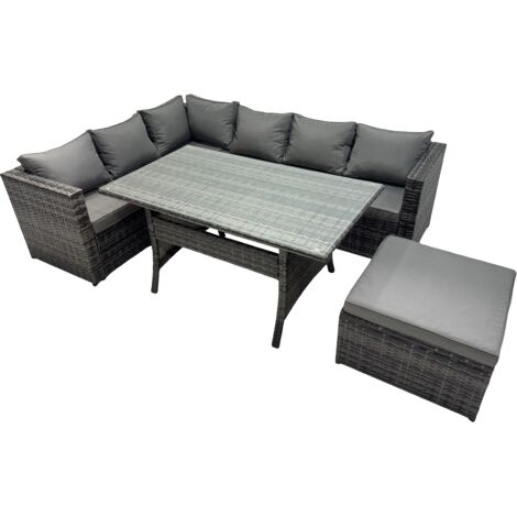 Fimous Outdoor PE Rattan Sofa Set with Dining Table Patio Garden Furniture Sets with Big Stool Dark Grey Mixed