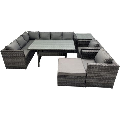 Fimous Outdoor PE Rattan Sofa Set with Dining Table Patio Garden Furniture Sets with Big Stool Side Table Dark Grey Mixed