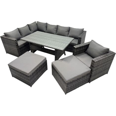 Fimous Outdoor PE Rattan Sofa Set with Dining Table Patio Garden Furniture Sets with Chair 2 Big Stools Dark Grey Mixed