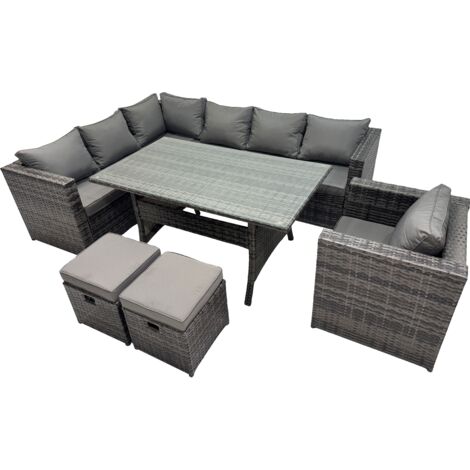 Fimous Outdoor PE Rattan Sofa Set with Dining Table Patio Garden Furniture Sets with Chair 2 Small Stool Dark Grey Mixed