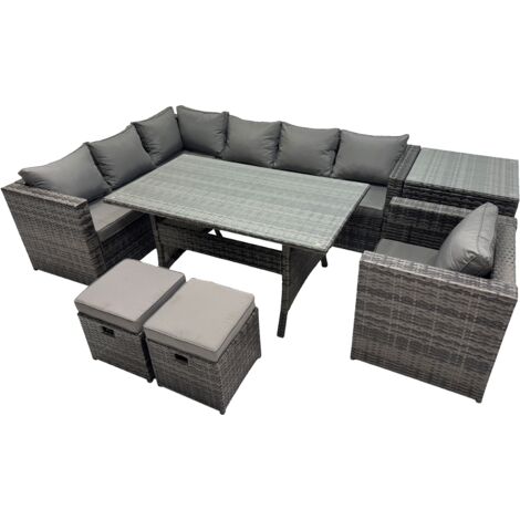 Fimous Outdoor PE Rattan Sofa Set with Dining Table Patio Garden Furniture Sets with Chair 2 Small Stool Side Table Dark Grey Mixed