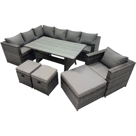 Fimous Outdoor PE Rattan Sofa Set with Dining Table Patio Garden Furniture Sets with Chair 3 Stool Dark Grey Mixed