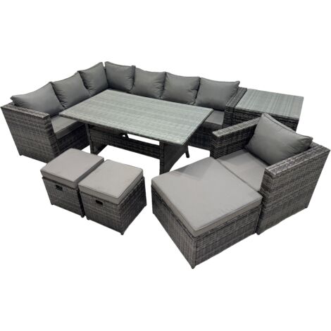 Fimous Outdoor PE Rattan Sofa Set with Dining Table Patio Garden Furniture Sets with Chair 3 Stool Side Table Dark Grey Mixed