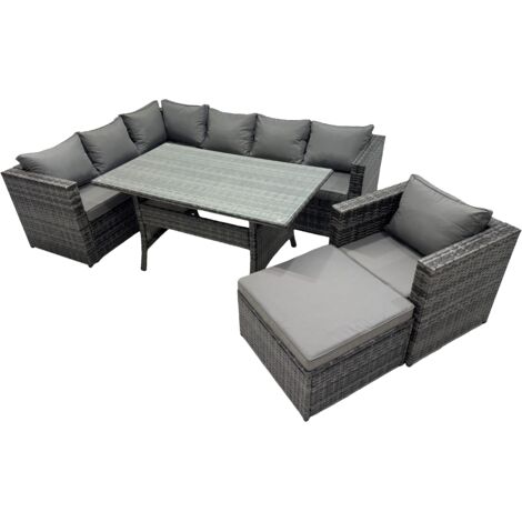 Fimous Outdoor PE Rattan Sofa Set with Dining Table Patio Garden Furniture Sets with Chair Big Stool Dark Grey Mixed