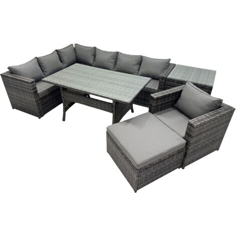 Fimous Outdoor PE Rattan Sofa Set with Dining Table Patio Garden Furniture Sets with Chair Big Stool Side Table Dark Grey Mixed
