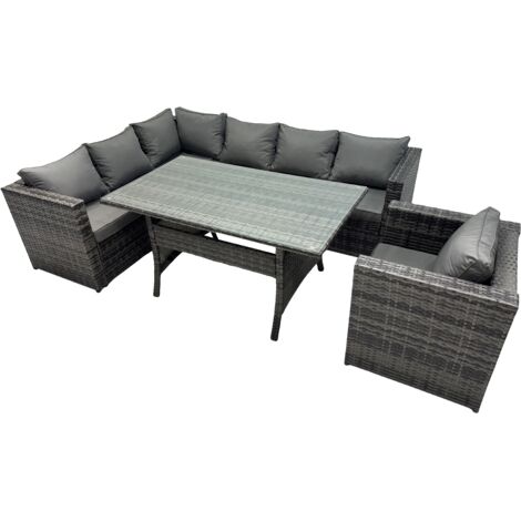 Fimous Outdoor PE Rattan Sofa Set with Dining Table Patio Garden Furniture Sets with Chair Dark Grey Mixed