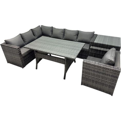 Fimous Outdoor PE Rattan Sofa Set with Dining Table Patio Garden Furniture Sets with Chair Side Table Dark Grey Mixed