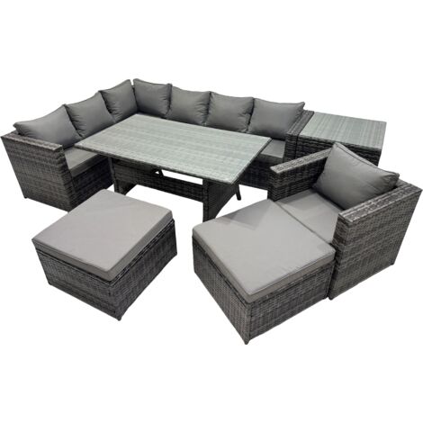 Fimous Outdoor PE Rattan Sofa Set with Dining Table Patio Garden Furniture Sets with Side Table 2 Big Stool Dark Grey Mixed