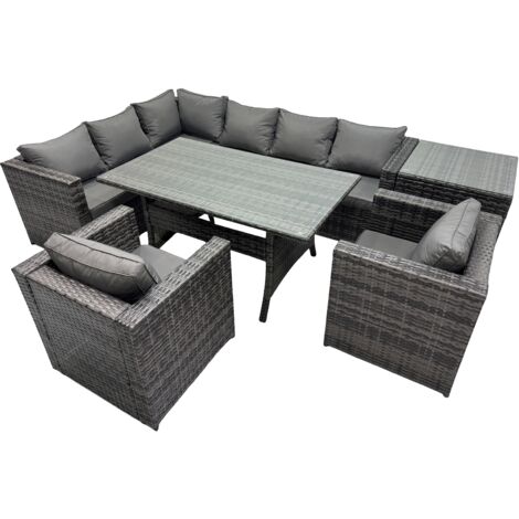 Fimous Outdoor PE Rattan Sofa Set with Dining Table Patio Garden Furniture Sets with Side Table Dark Grey Mixed