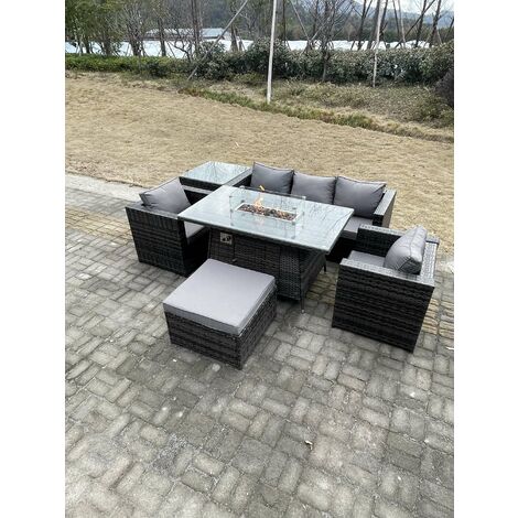 Fimous Outdoor Pe Rotin Garden Furniture Foyer À Gaz Table À Manger Fauteuils Hauts Côtés Table Basse Grand Tabouret Pieds Gris Foncé Mixte