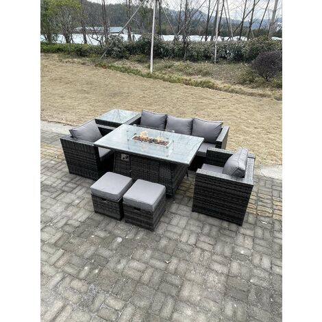 Fimous Outdoor Pe Rotin Garden Furniture Gas Firepit Table À Manger Fauteuil Table Basse Haute 2 Tabourets Gris Foncé Mélangés