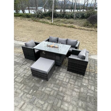 Fimous Outdoor Pe Rotin Meubles De Jardin Foyer À Gaz Table À Manger Fauteuil Grand Tabouret Gris Foncé Mixte