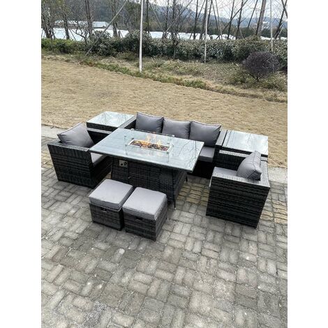 Fimous Outdoor Poly Rattan Gartenmöbel Gas Feuerstelle Esstisch Set Sessel Mit 2 Side Couchtisch Hocker Dunkelgrau Gemischt