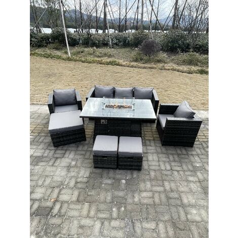 Fimous Outdoor Poly Rattan Gartenmöbel Gas Feuerstelle Esstisch Set Sessel mit 3 Hocker Dunkelgrau Gemischt