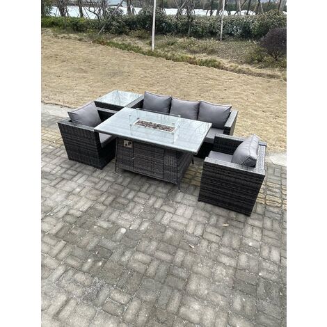 Fimous Outdoor Poly Rattan Gartenmöbel Gas Feuerstelle Esstisch Set Sessel mit Beistelltisch Dunkelgrau Gemischt