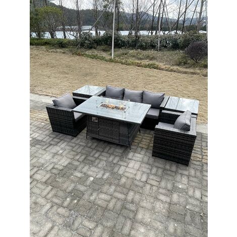 Fimous Outdoor Poly Rattan Gartenmöbel Gas Feuerstelle Esstisch Set Sessel mit Patio Heizung 2 Stuhl 2 Couchtisch Dunkelgrau Gemischt