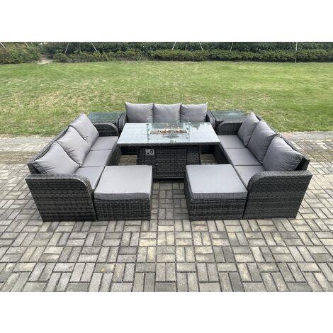 Fimous Outdoor Rattan Furniture Garden Dining Set Gas Fire Pit Table With 2 Side Tables Lounge Sofa 2 Big Footstool