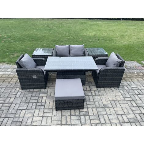 Fimous Outdoor Rattan Furniture Garden Dining Set Height Adjustable Rising lifting Table Love Sofa Chair With 2 Side Tables Big Footstool